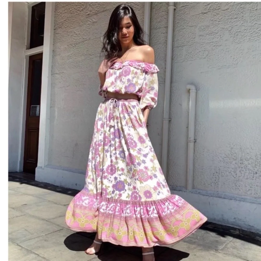 Waverly Boho Pink Floral Print Off Shoulder Crop top Maxi Skirt Set - Picture 11 of 16